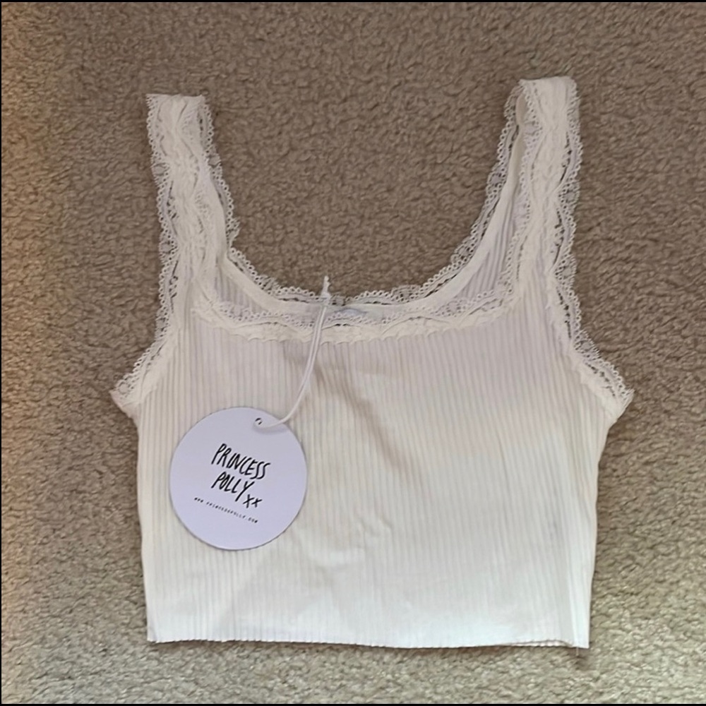 Princess Polly White, Ribbed, Cropped Tank with Lace Detail